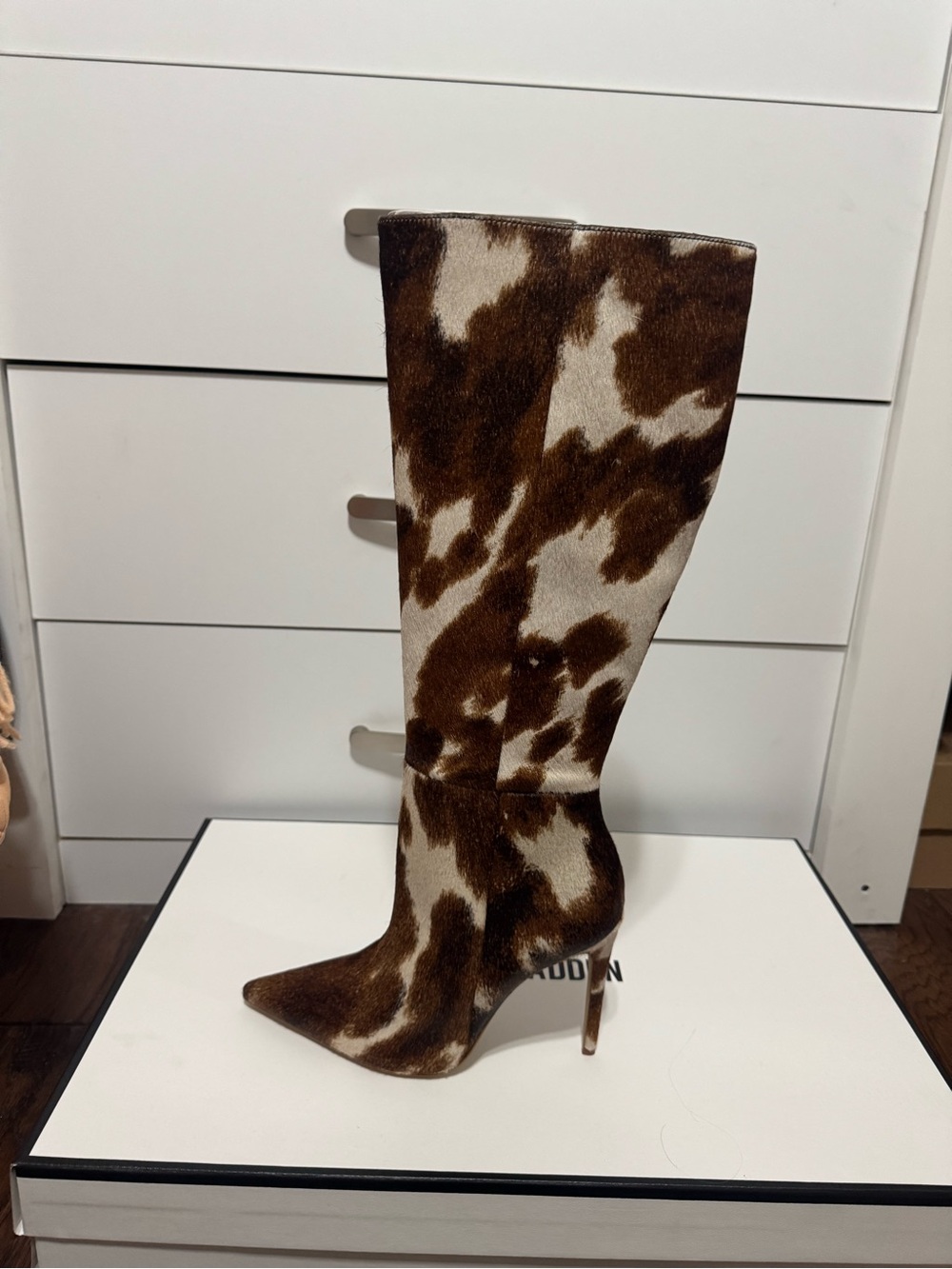 Steve Madden Brown and White Cowhide Knee-High Stiletto Boot